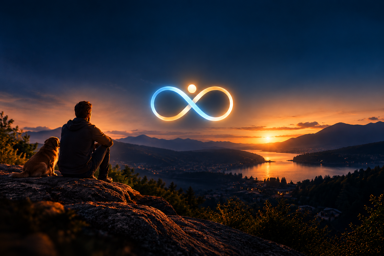 Un homme et son chien contemplent un lac au coucher du soleil, sous le symbole LIFE lumineux bleu et doré.